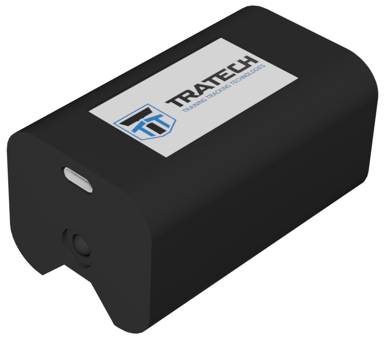 Dispositivo PowerTrack con pantalla táctil y logo Tratech
